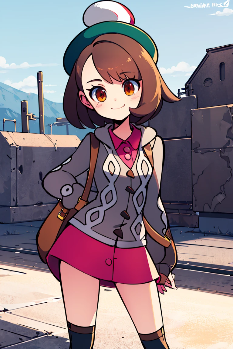 <lora:Diives_Style:0.8>, ((masterpiece,best quality)), absurdres, <lora:gloria_(pokemon)_v1:0.7>, gloria \(pokemon\), brown hair, solo, backpack, brown eyes, tam o' shanter, grey cardigan, pink dress, short hair, green socks, socks, brown bag, bob cut, bangs, long sleeves, collared dress, solo, smiling, looking at viewer, cowboy shot, cinematic composition, contrapposto,