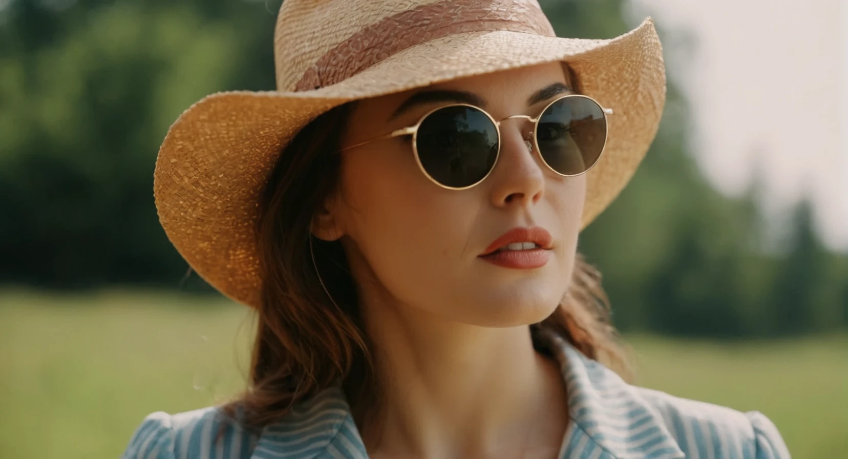 cinematic film still of <lora:Retro:1> Grainy Cinematic Film stock footage in (arri alexa style) Kodak film print, a woman wearing a straw hat and sunglasses retro style, shallow depth of field, vignette, highly detailed, high budget, bokeh, cinemascope, moody, epic, gorgeous, film grain, grainy