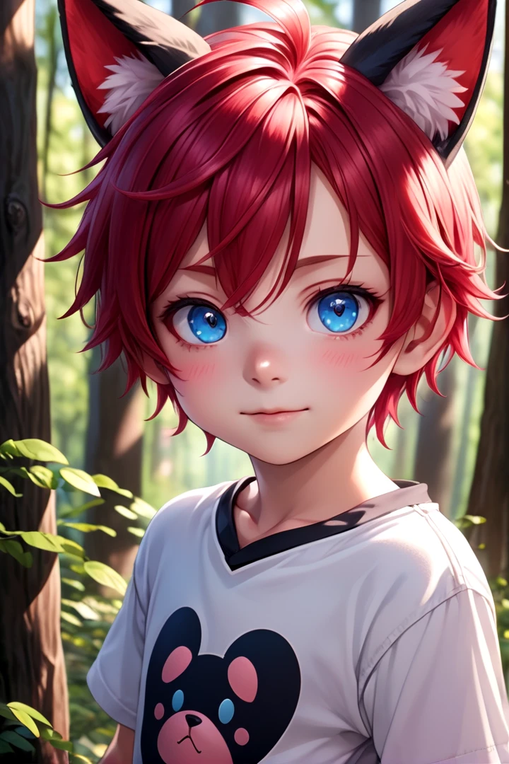 1boy, aki, crimson hair, crimson animal ears, masterpiece, ultra detail, forest, blue eyes, (cute shirt:1.3)