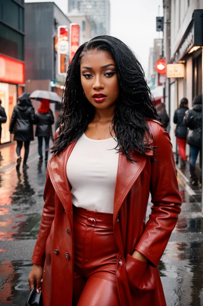 realistic photography of meganv1, natural hair, red lipstick, in a red leather coat, street photography, soaking wet, rain, film grain, Sony A7