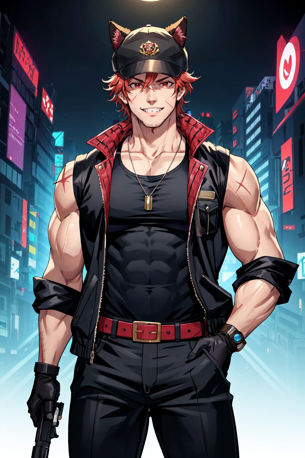 cyberpunk style, solo, looking at viewer, smile, short hair, red eyes, gloves, 1boy, hat, holding, animal ears, jewelry, jacket, weapon, male focus, red hair, open clothes, teeth, sleeveless, black gloves, belt, pants, necklace, vest, black jacket, muscular, scar, black pants, tank top, pectorals, muscular male, bara, large pectorals, over shoulder, manly, biceps, sleeveless jacket, thick arms