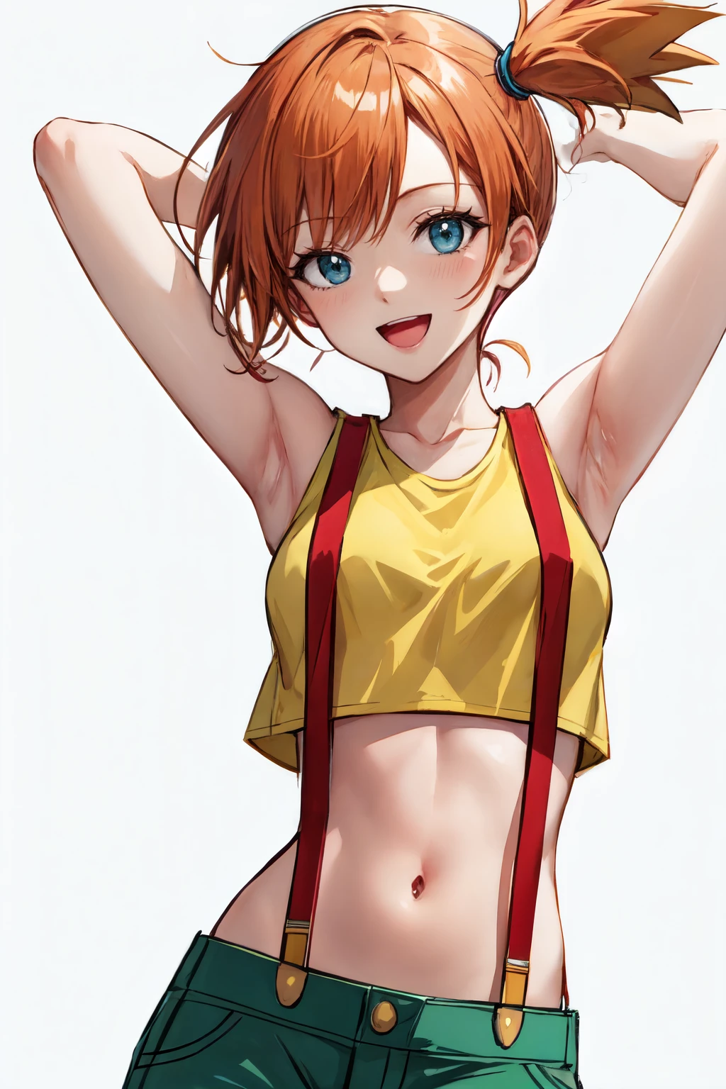 misty pokemon, :d, arms up, jaggy lines, 1girl, simple background, sleeveless shirt, armpits, solo, shirt, looking at viewer, navel, sketch, midriff, crop top, open mouth, sleeveless, smile, shorts, yellow shirt, suspenders, white background<lora:misty_pokemon:1>