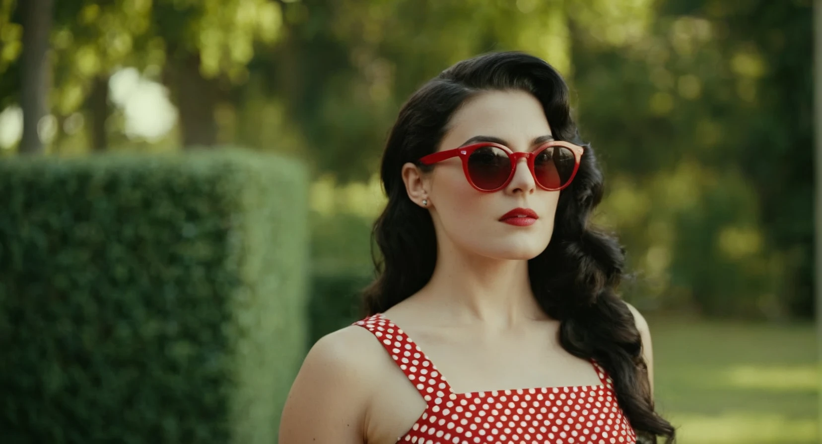 cinematic film still of <lora:Retro:1> Grainy Cinematic Film stock footage in (arri alexa style) Kodak film print, a woman in a polka dot dress and red sunglasses retro style, shallow depth of field, vignette, highly detailed, high budget, bokeh, cinemascope, moody, epic, gorgeous, film grain, grainy