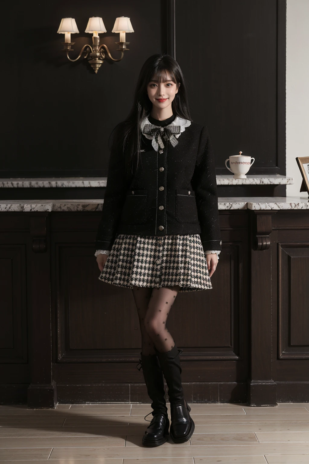 best quality, masterpiece, photorealistic, 1girl, solo, standing, long black hair, straight hair, blunt bangs, looking at viewer, smile, full body, dating attire, jacket, skirt, pantyhose, knee boots, in cafe, cafe, shop, people, detailed background, night, <lora:dating_attire_style5_v1:0.7>