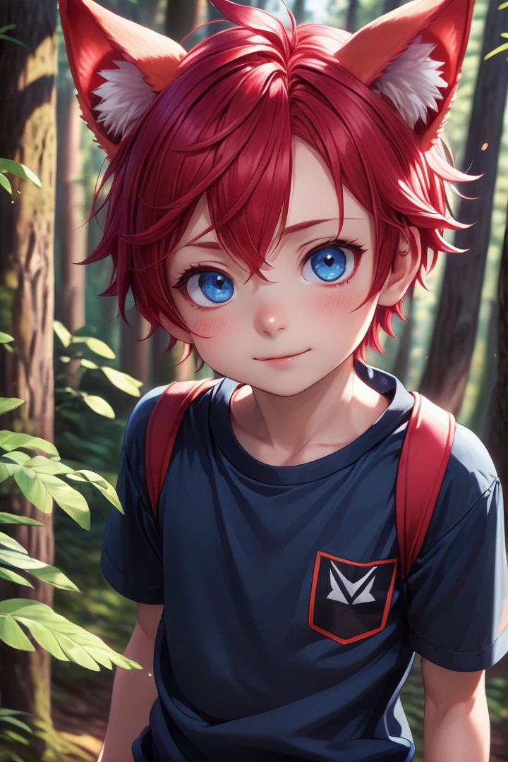 <lora:cutified_anime_character_design:0.4> 1boy, aki, crimson hair, crimson animal ears, masterpiece, ultra detail, forest, blue eyes, (cute shirt:1.3)