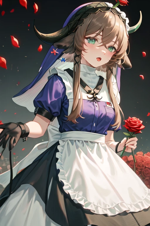 best quality, masterpiece, highres, solo, {maid:1.40}, {long maid dress:1.15}, {pallas_arknights:1.15}, brown_hair, horns, flower, cow_horns, animal_ears, cow_ears, bangs, green_eyes, red_flower, cow_girl, hair_between_eyes, rose, red_rose, veil, upper_body, closed_mouth, short_hair_with_long_locks, petals, long_hair