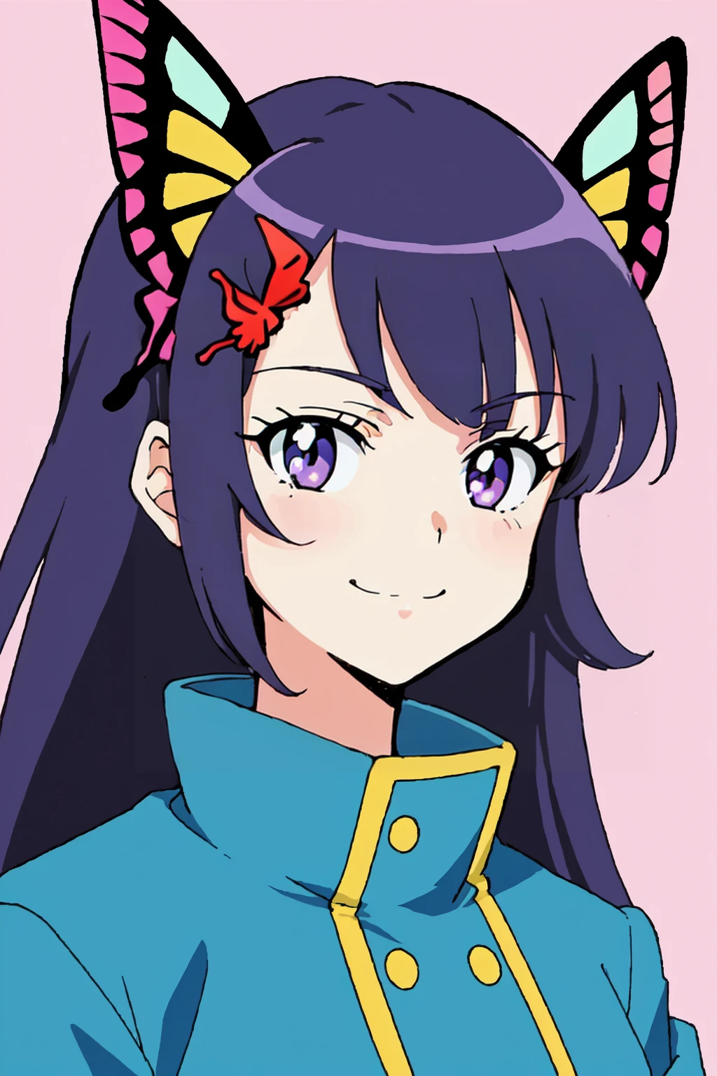 1girl, solo, looking at viewer, smile, black hair, hair ornament, closed mouth, purple eyes, jacket, purple hair, bug, butterfly, portrait, butterfly hair ornament, haori, colorful, demon slayer uniform CelShade