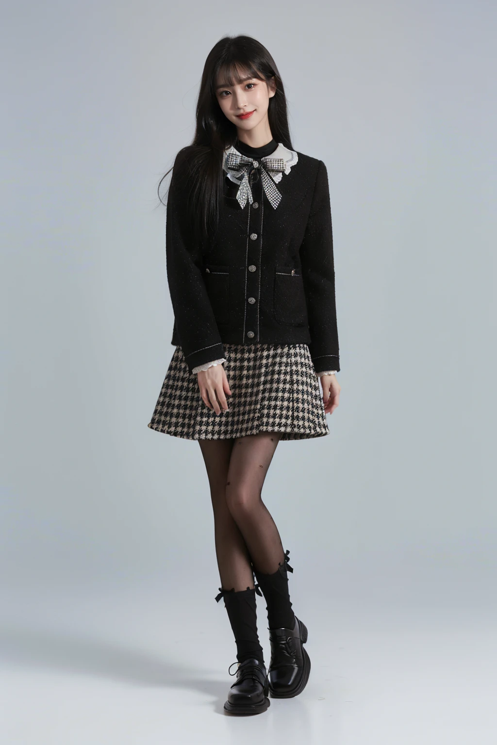 best quality, masterpiece, photorealistic, 1girl, solo, standing, long black hair, straight hair, blunt bangs, looking at viewer, smile, full body, dating attire, jacket, fashion, skirt, pantyhose, simple background, <lora:dating_attire_style5_v1:0.7>