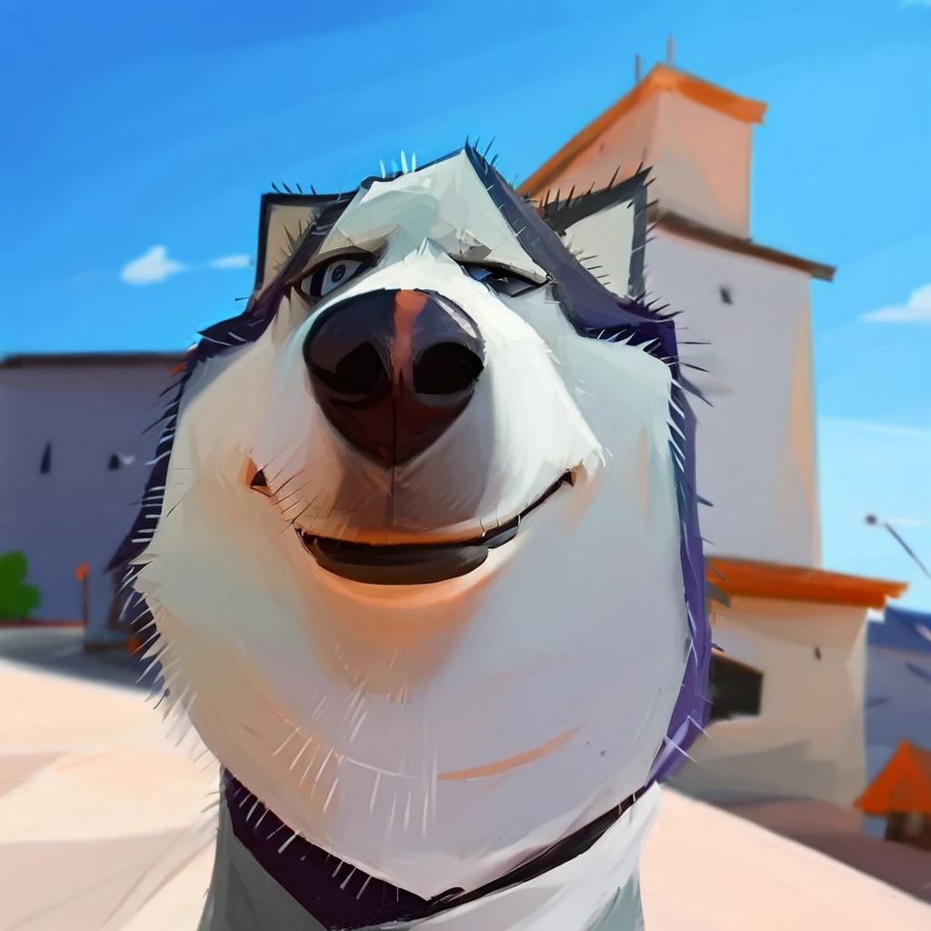 fisheye view, goofy husky with a smile on its face, winks, one eye squinted, building in the background, caricature, albeniz rodriguez style <lora:albeniz-rodriguez-style-v2:0.9>