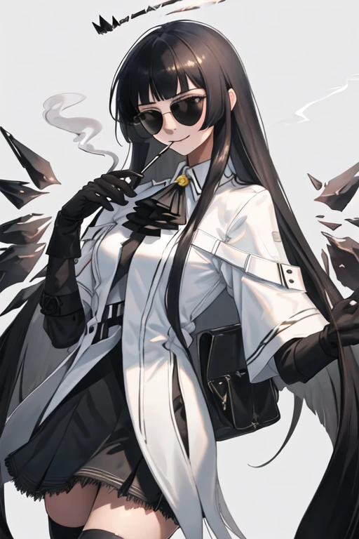 best quality, masterpiece, highres, solo, {black business suit:1.40}, {tie:1.20}, {sunglasses:1.25}, {white gloves:1.15}, {white shirt:1.10}, {black skirt:1.15}, {smoking:1.20}, handsome, {virtuosa_arknights:1.15}, long_hair, bangs, black_hair, halo, smile, closed_mouth, ascot, very_long_hair, wings, black_eyes, blunt_bangs