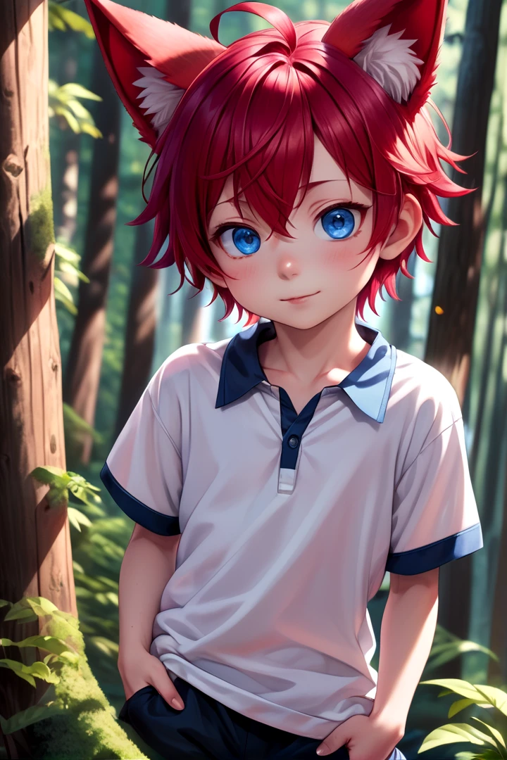 <lora:cutified_anime_character_design:0.4>  1boy, aki, crimson hair, crimson animal ears, masterpiece, ultra detail, forest, blue eyes, (cute shirt:1.3)