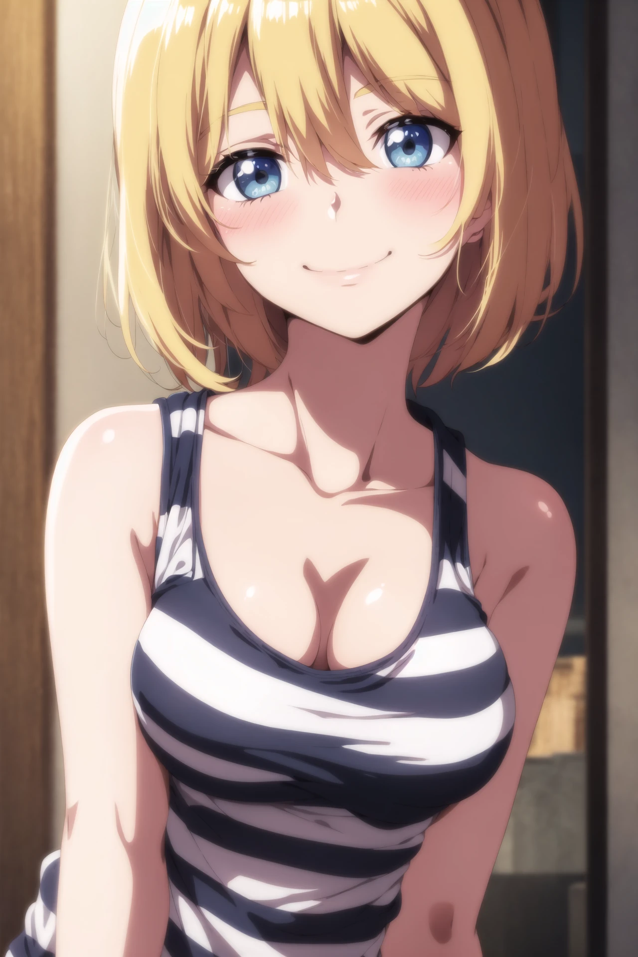 anime screencap, 1girl, solo, breasts, looking at viewer, blush, smile, short hair, bangs, blue eyes, blonde hair, shirt, cleavage, hair between eyes, bare shoulders, medium breasts, closed mouth, collarbone, upper body, sleeveless, striped, blurry, head tilt, sleeveless shirt, blurry background, clothes pull, tank top, striped shirt, pulled by self, shirt pull