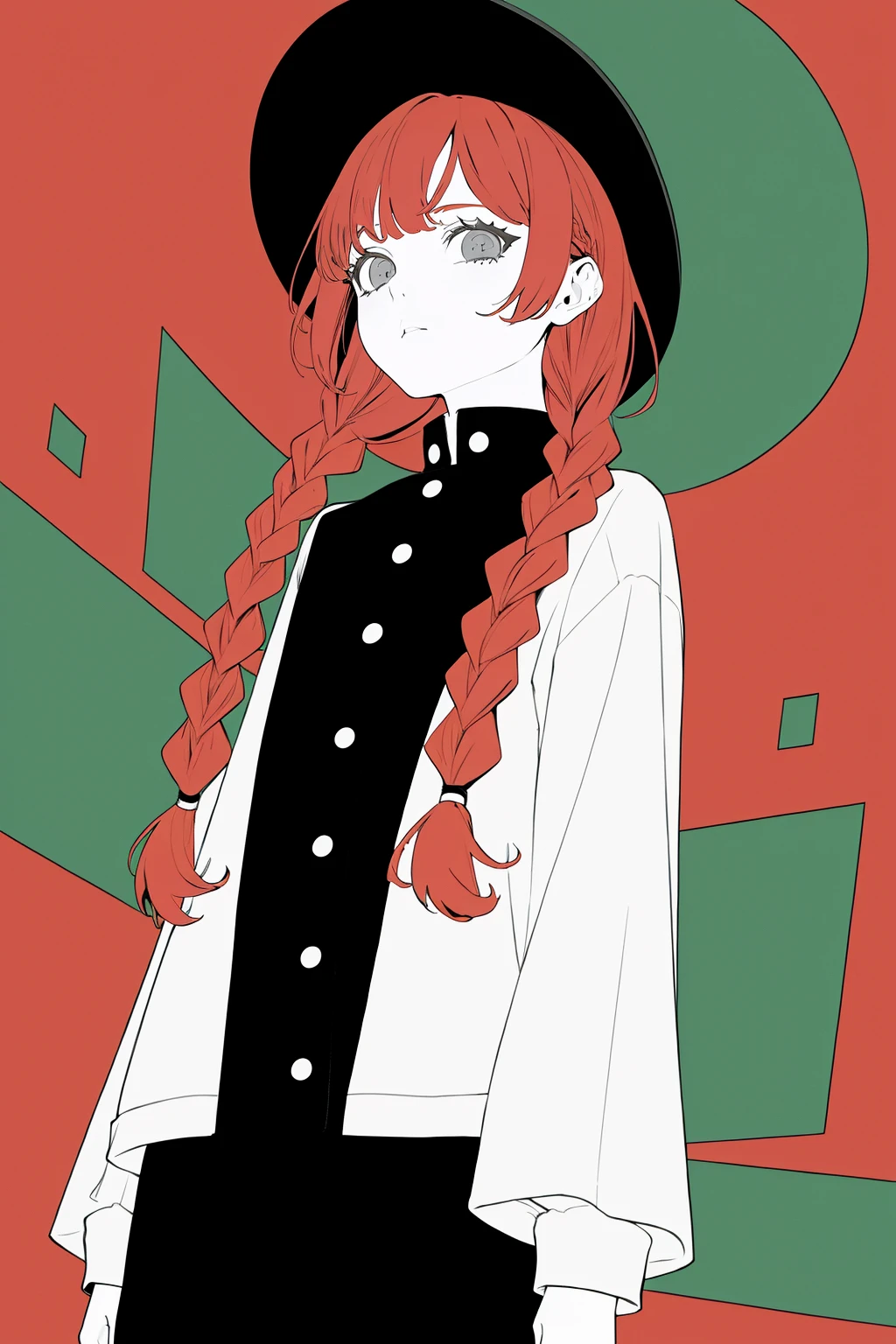 (masterpiece, best quality:1.3), (flat color:1.3),(colorful:1.3), cowboy shot, 1girl,solo,red hair, twin_braids