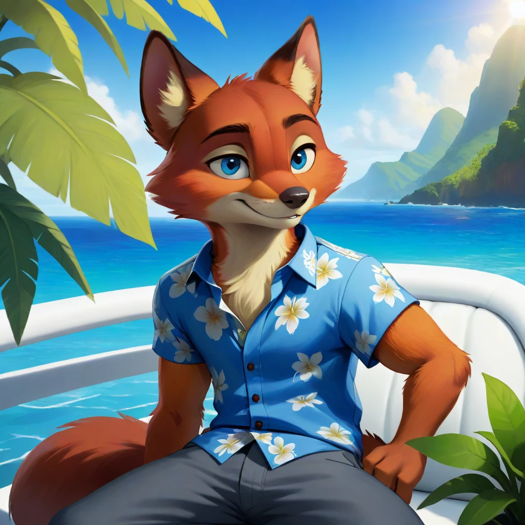 uploaded on e621, (by Homogenousrule, by Wildering, by Foxovh, by Catcouch), solo, (((nick wilde), neck tuft, fluffy tail, blue eyes)), ((hree-quarter portrait)), ((wear blue hawaii floral shirt with grey blue pants)), BREAK, ((sitting at island with plant and water on sunny day, white boat, beverage)), (detailed background, depth of field, half body shadow, sunlight, ambient light on the body), (intricate:0.7), (high detail:1.3), (unreal engine:1.3), (sharp focus:1.15), (explicit content, questionable content:0.9524), (masterpiece, best quality, 4k, 2k, shaded, absurd res)