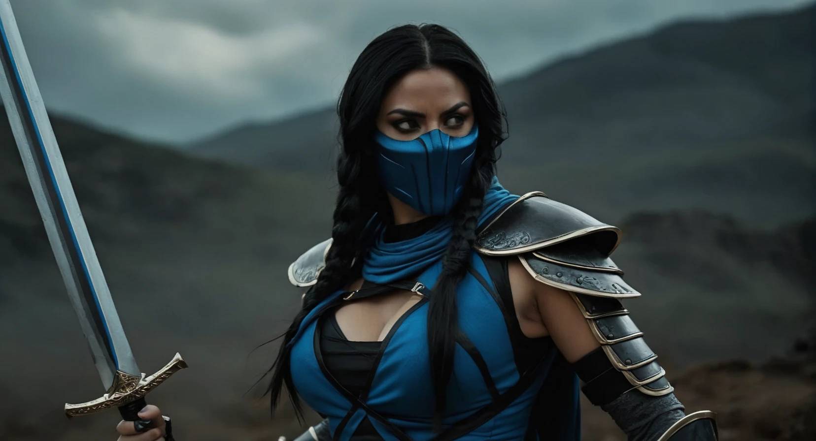 Dark Fantasy Art of (Cinematic Film stock footage style) in (arri alexa style) (Kodak film print style),
<lora:Mortal Kombat-000003:1>
Kabal a mysterious warrior woman in a full armor outfit holding two swords Mortal Kombat Style, dark, moody, dark fantasy style