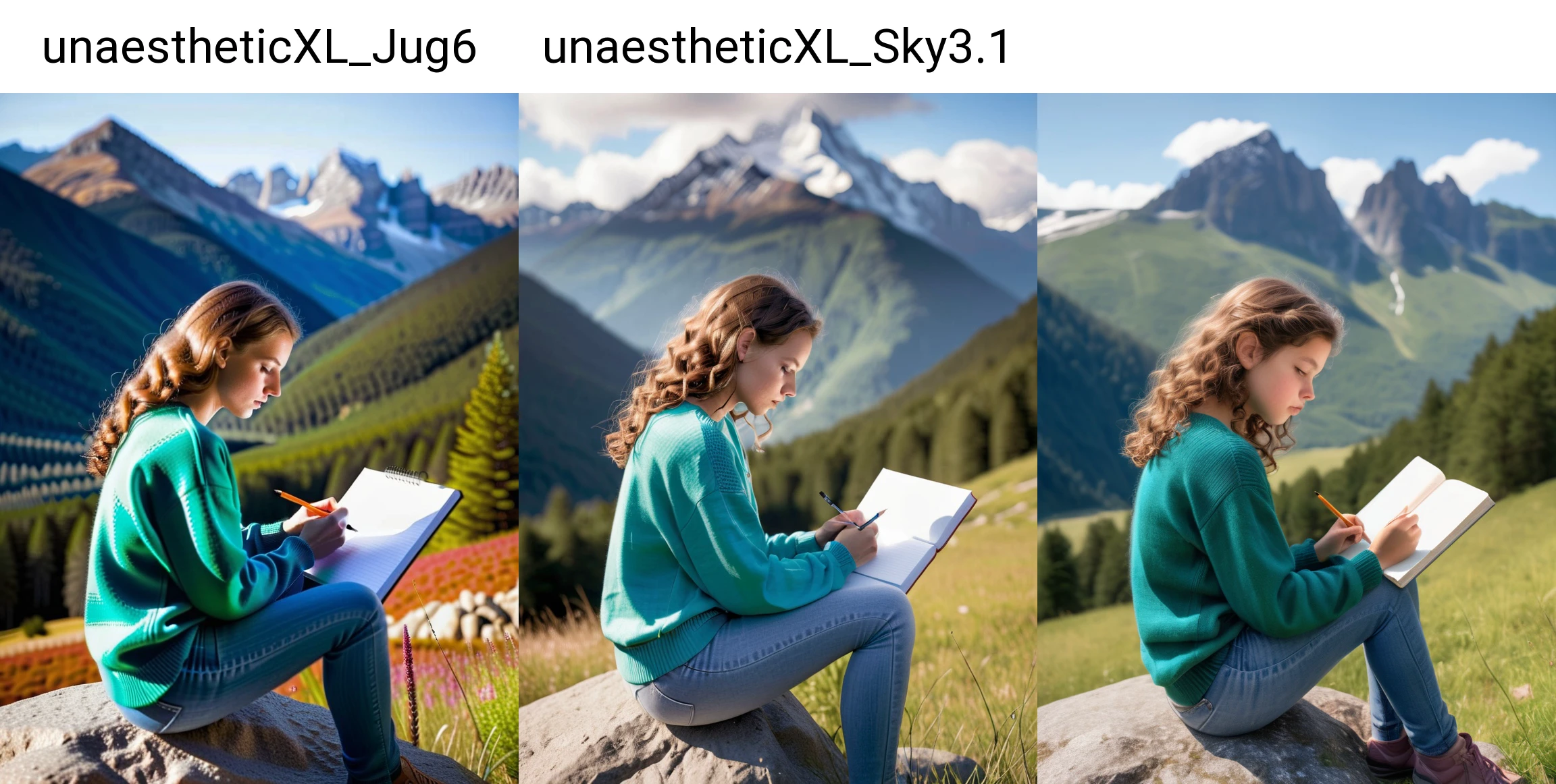 A young girl with curly brown hair is sitting on a large rock amidst a serene mountain landscape. The background is dominated by towering peaks, lush green valleys, and a clear blue sky. The girl is wearing a comfortable looking sweater and jeans, and she has a sketchbook on her lap, capturing the breathtaking scenery in front of her. She appears to be completely absorbed in her drawing, with a look of concentration on her face.