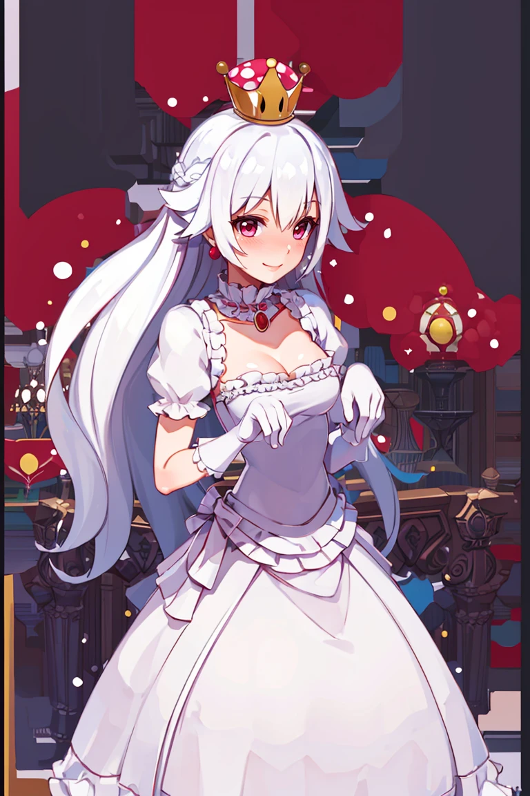 <lora:Harada_Takehito_Background_Dim32:0.8>, ((masterpiece,best quality)), absurdres, <lora:Boosette_Mario_Anime:0.9>, Boosette_Mario, 1girl, long hair, white hair, long white dress, ballroom dress, white gloves, solo, smiling, blushing, looking at viewer, cowboy shot, cinematic composition,