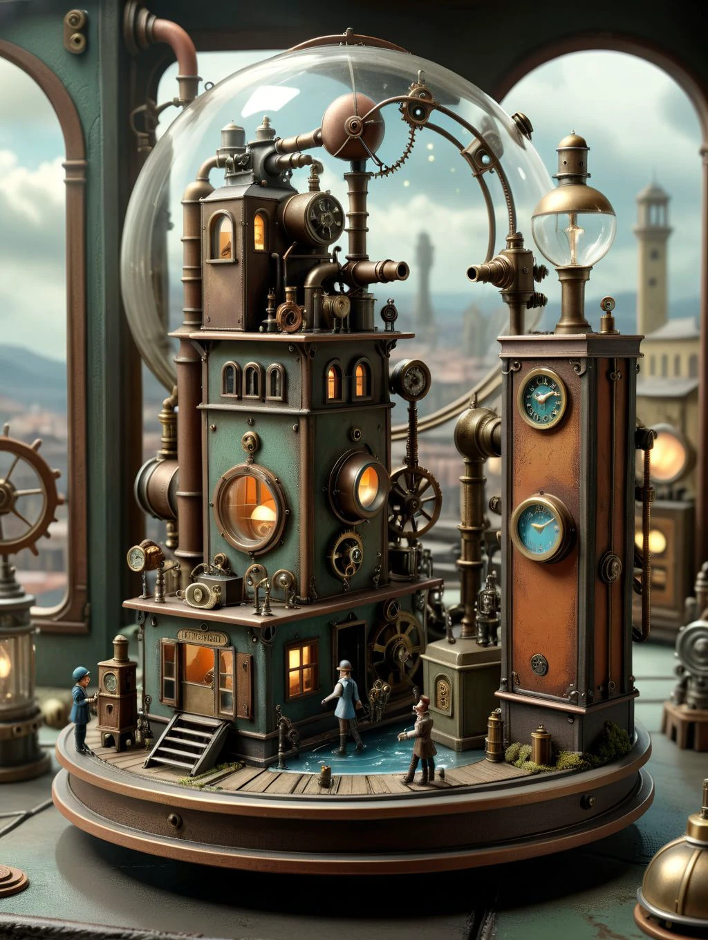 <lora:Diorama:1>Diorama - surreal steampunk 3d diorama, in the style of Florence Thomas,octane render, ultra HD, strong perspective, depth of field , view finder lens, detailed scenes, SMC Takumar 35mm f/ 2. 8