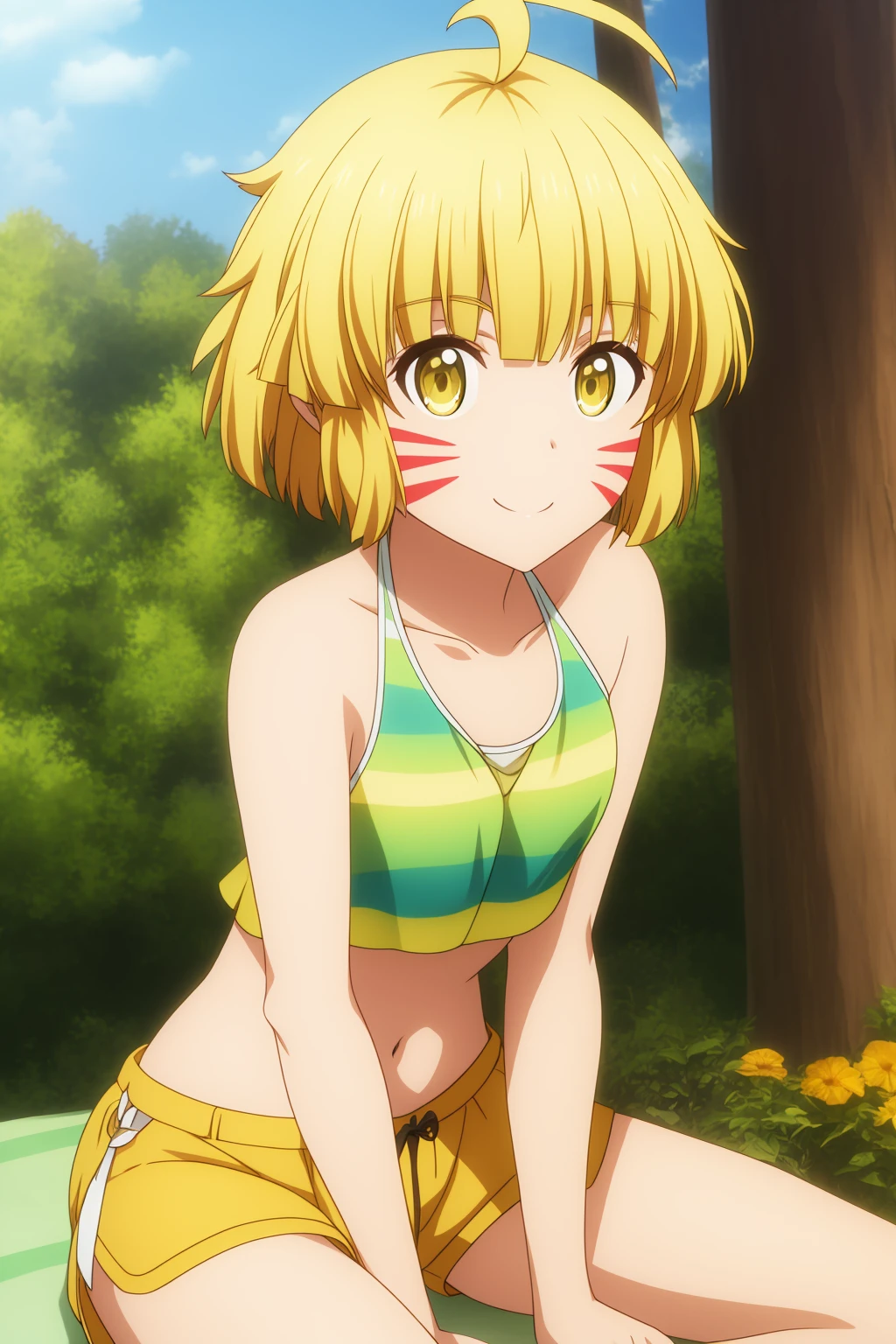 argo, 1girl, solo, breasts, looking_at_viewer, smile, short_hair, blonde_hair, navel, bare_shoulders, brown_eyes, sitting, collarbone, swimsuit, yellow_eyes, upper_body, ahoge, bikini, small_breasts, outdoors, shorts, day, midriff, stomach, flat_chest, tree, crop_top, facial_mark, antenna_hair, yellow_bikini, whisker_markings, yellow_shorts