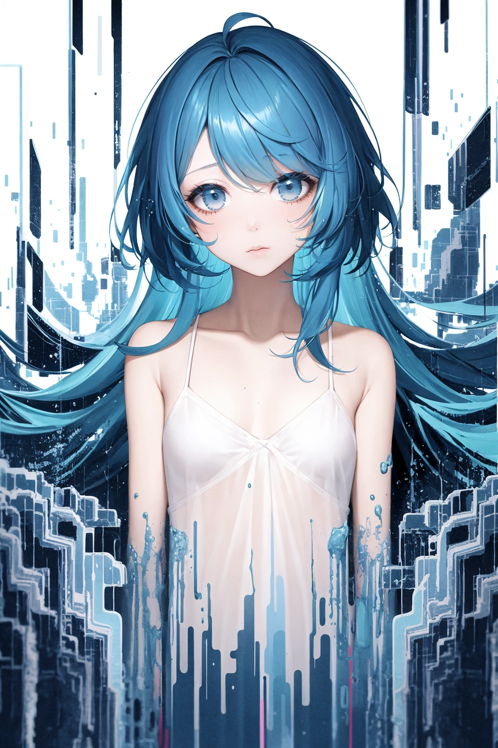 fussion of Fluid abstract art and (glitch:1.2),1girl, illustration,double exposure,glitch hair,fussion of glitch and hair,simple background,white background,small breasts,(2d:1.3),iridescent hair,flat chest, (blouse:0.8)