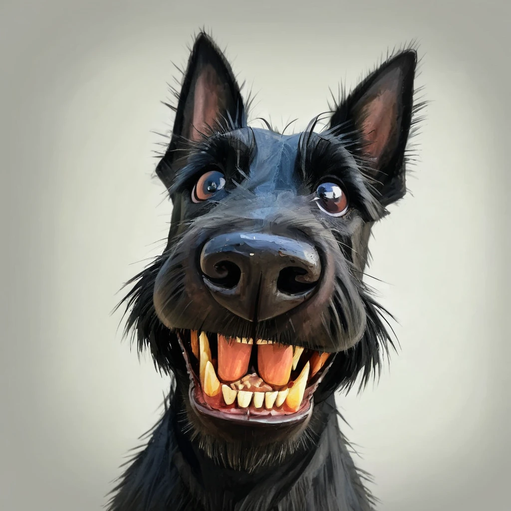 fisheye view, a black hairy scottish terrier dog with a toothy grin on his face, big nose, looking at sopmething, caricature, albeniz rodriguez style <lora:albeniz-rodriguez-style-v2:0.5>