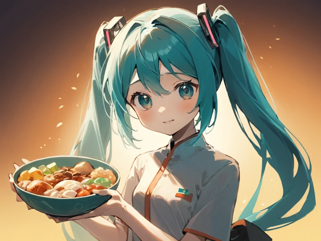 (\wen xin cha hua\),<lora:chahua_xl:1>,Hatsune Miku Holding a Bowl