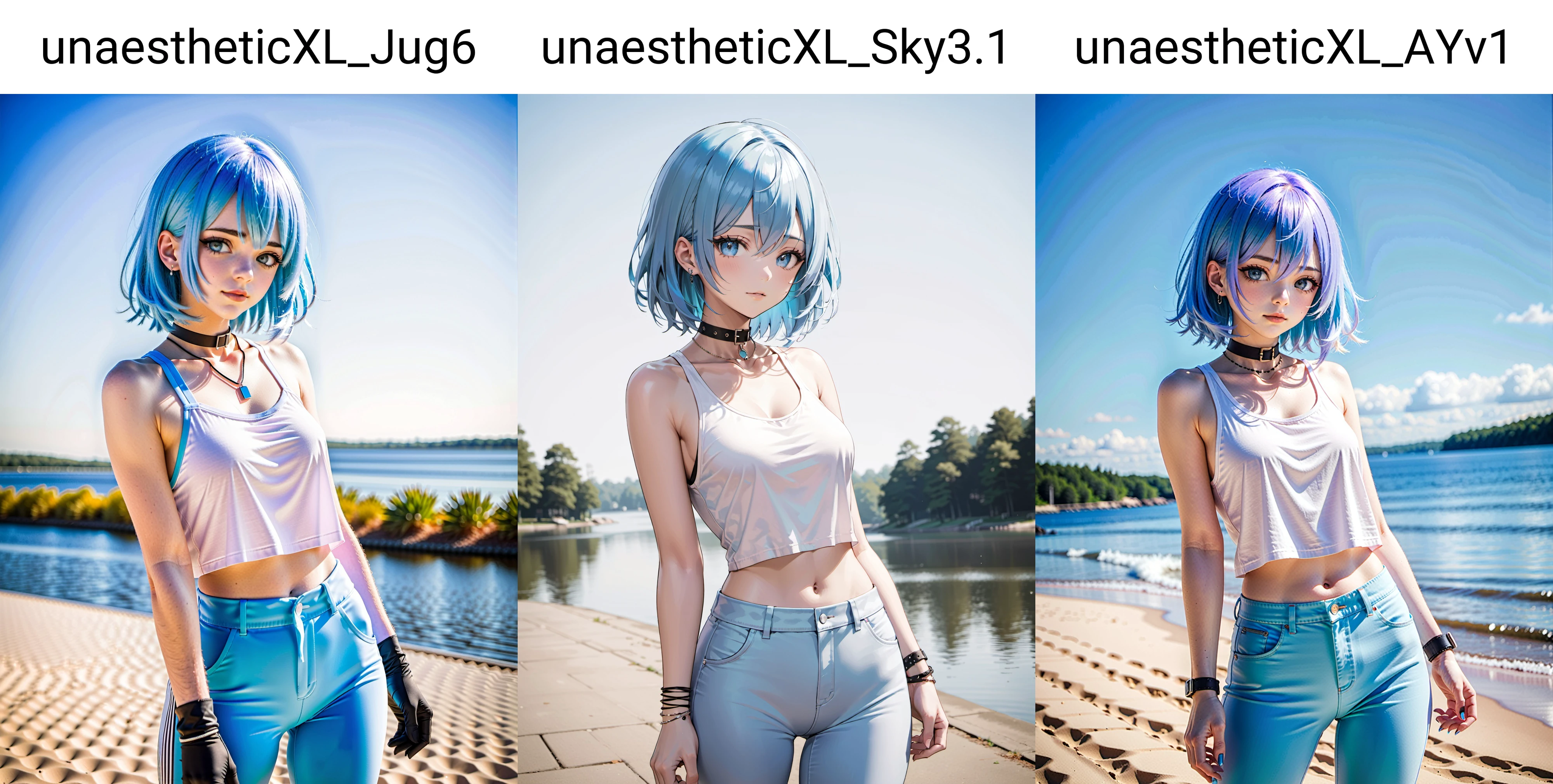 1girl,solo,light blue hair,tank top cropped pants choker,rivers daytime,whole body,
