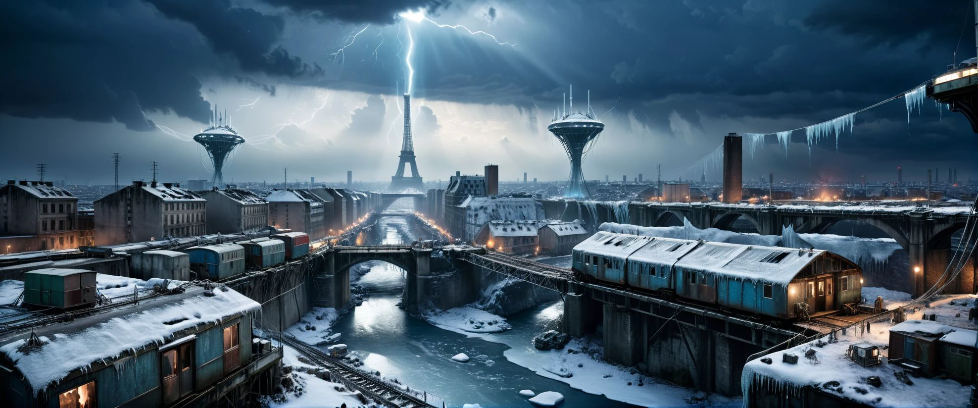 cinematic ground view of eschatological landscape of a frozen Paris, post apocalyptic city, harmonious, (bridges:0.4), (frozen waterfalls:1.1), (ultra realistic:1.2), (cables, antennas, parabolic receptors on rooftops, conditionning air systems:1.3), big frozen monuments, sinuous river, side, (frozen vegetation:0.4), holograms, night, terraces, ,deserted life, train station, drapery on windows, high resolution, city, view from above, from the ledge, slums, hyper detailled view, intricate city, atmospheric lighting, high contrast, dark mood, gigantism, ultra large wide angle, full view, <lora:xl_more_art-full_v1:0.4> <lora:SDS_Contrast tool_XL:0.2>, great composition, rules of third, organic city , dramatic sky, storm in background,, shallow depth of field, vignette, highly detailed, high budget, bokeh, cinemascope, moody, epic, gorgeous, grainy, , 8k uhd, dslr, soft lighting, high quality, (film_grain:1.2), cinematic style, Leica M4, 50mm f/1.4 lens, f/2.8, ISO 400, 1/125 sec,