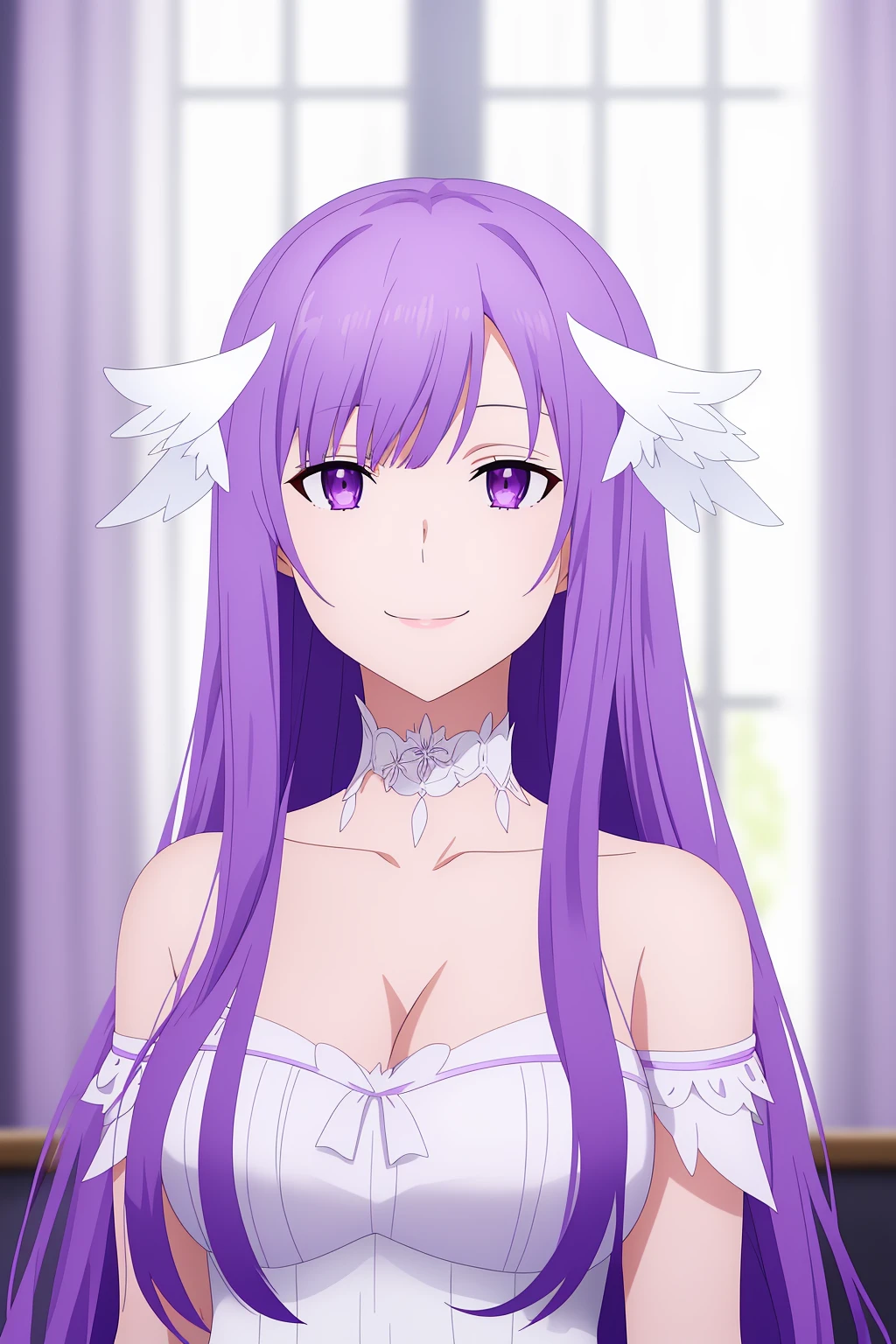 administrator, 1girl, solo, long_hair, looking_at_viewer, smile, bangs, hair_ornament, bare_shoulders, closed_mouth, purple_eyes, collarbone, upper_body, purple_hair, choker, blurry_background, parody, curtains, head_wings, white_choker, anime_coloring, white_dress