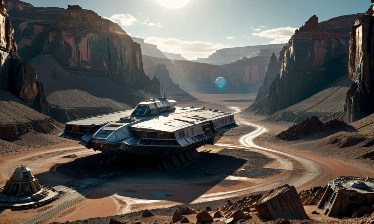 "long shot cinematic still of the square shaped destroyer prometheus space ship landing, ridley scott style, abandonned base camp, debris, deserted place, two vanishing points, gigantic canyon, rocky desert, tumulus, highly detailed, wide-angle lens, hyper realistic, with dramatic sky, polarizing filter, natural lighting, vivid colors, everything in sharp focus, HDR, UHD, 64K"