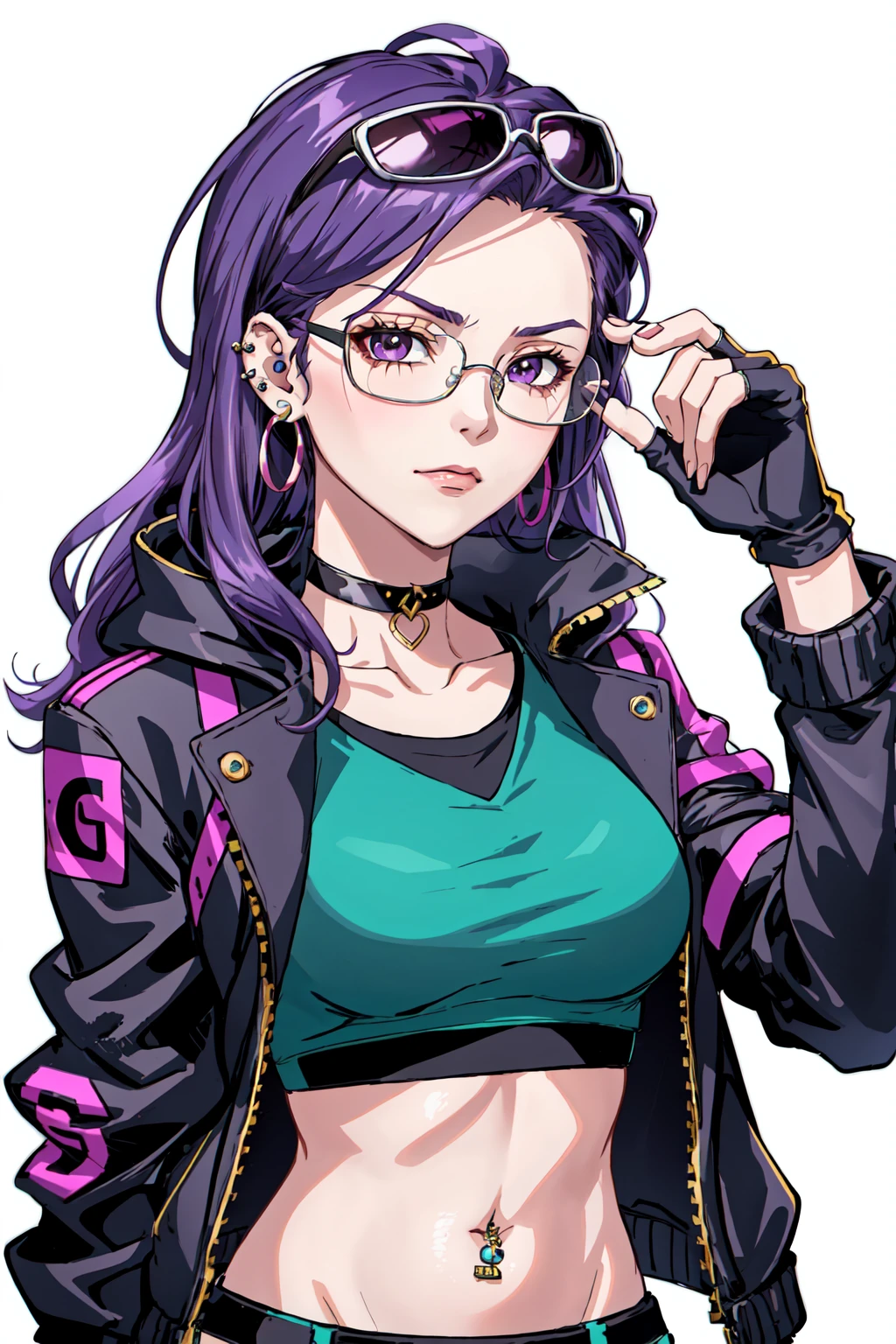 cyberpunk style, 1girl, solo, long hair, looking at viewer, simple background, gloves, white background, jewelry, jacket, upper body, purple hair, earrings, glasses, choker, fingerless gloves, crop top, v, piercing, sunglasses, fishnets, round eyewear, tinted eyewear, pink-tinted eyewear