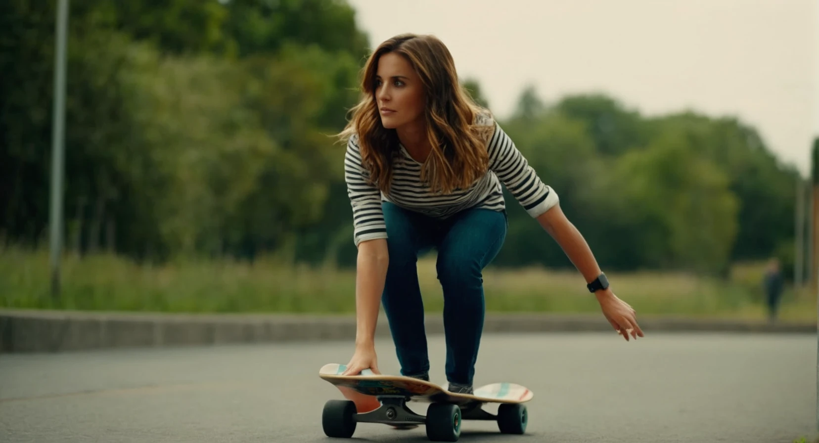 cinematic film still of <lora:Cinematic Film:1> Cinematic Film stock footage in (arri alexa style) Kodak film print, a woman in a striped shirt is on a skateboard Cinematic Film Style, shallow depth of field, vignette, highly detailed, high budget, bokeh, cinemascope, moody, epic, gorgeous, film grain, grainy