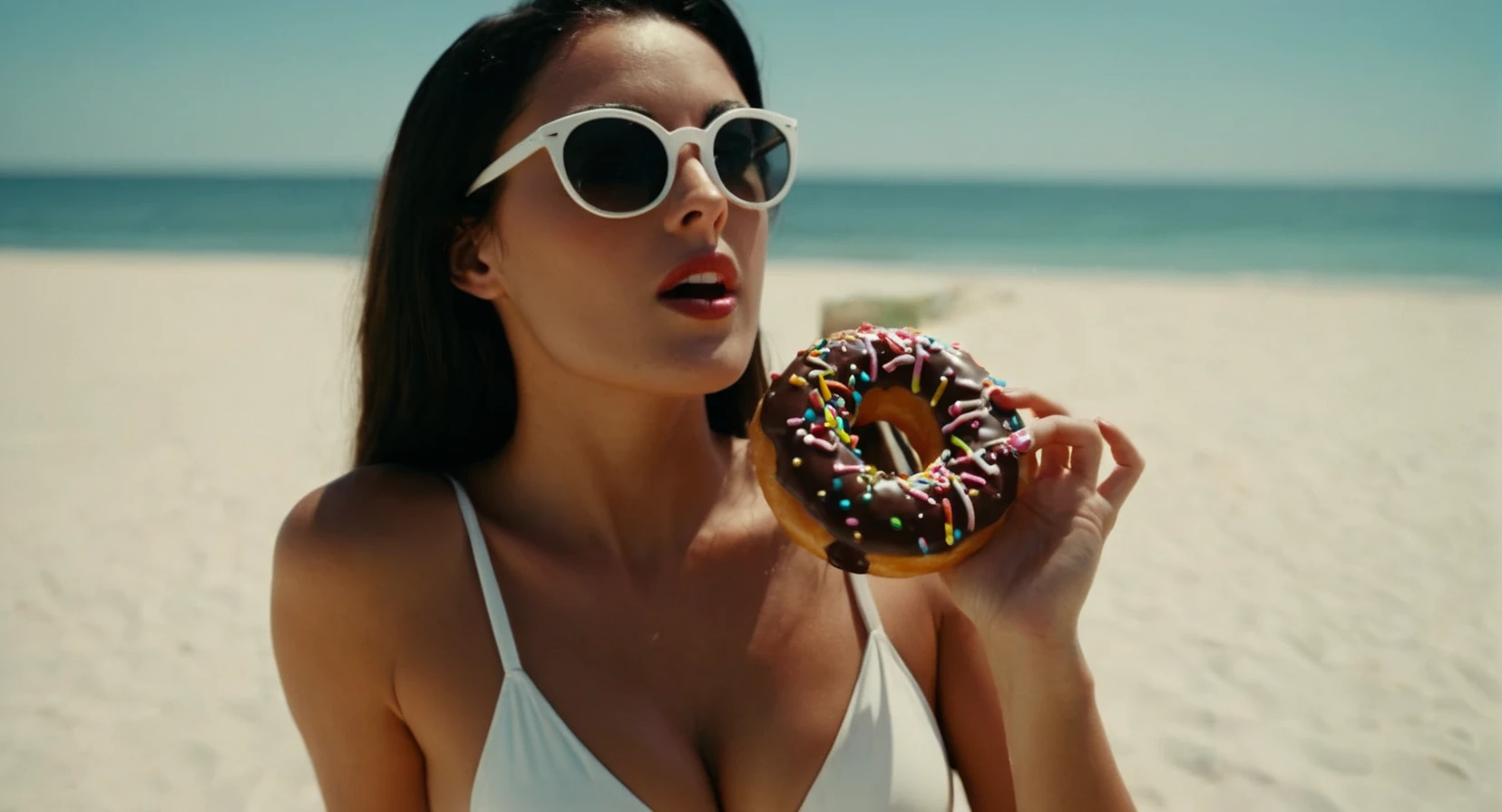 cinematic film still of <lora:Retro:1> Grainy Cinematic Film stock footage in (arri alexa style) Kodak film print, a woman in a white bathing suit eating a donut retro style, shallow depth of field, vignette, highly detailed, high budget, bokeh, cinemascope, moody, epic, gorgeous, film grain, grainy