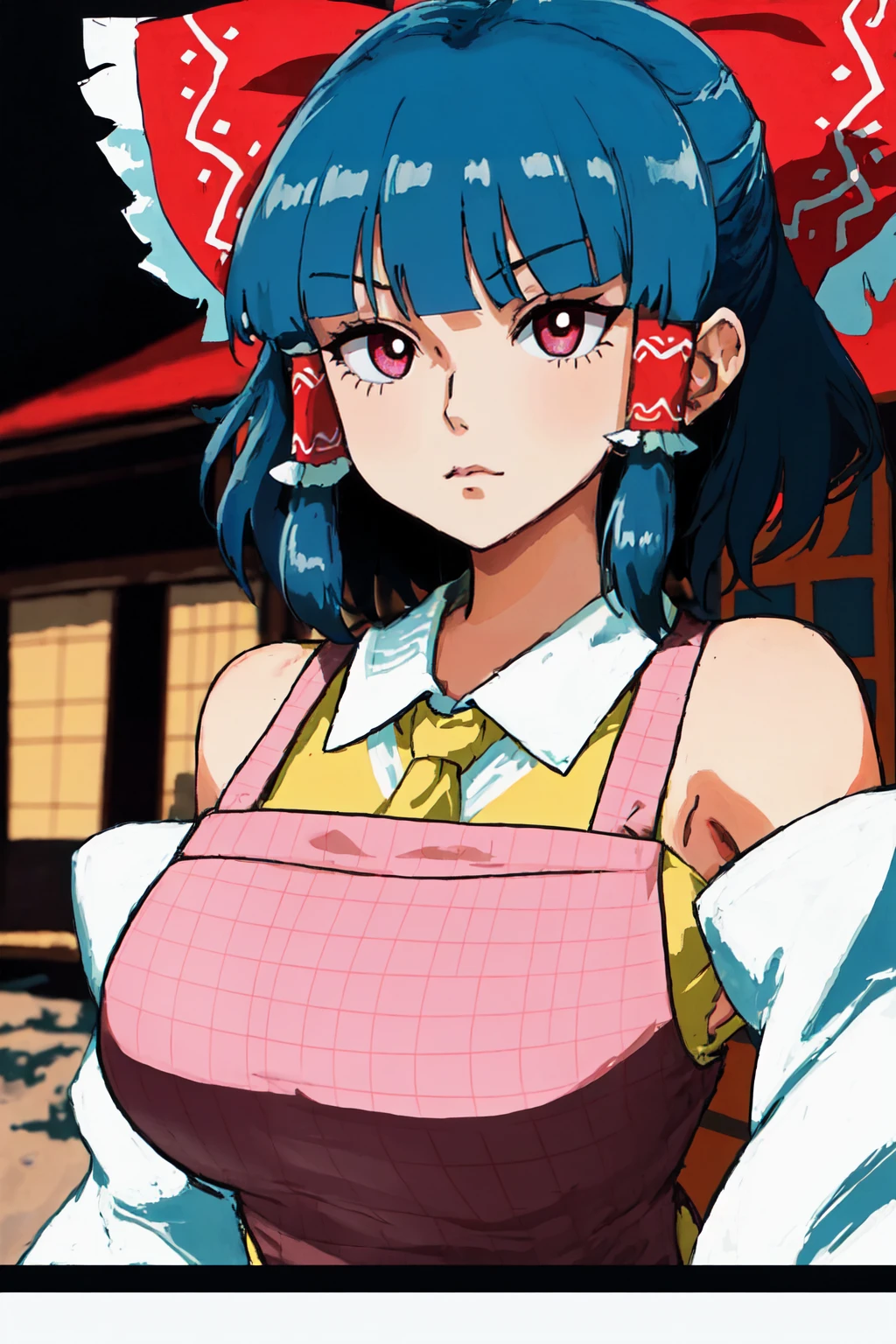 (view of 1girl upper body of hakurei reimu rurima at general store:1.2)
(matte short hair with detailed headdress )
(perfect rurima face )
(detailed hakurei reimu miko dress with grid pattern printed pink whole logng pink apron on top:1)
(completely covered large breasts )
(best lighting ),
(color shift sharp shading)
(8k),(highres),(ray tracing),(decensored),(dutch angle:0.6)
(masterpiece:1.2)(best quality:1.3)(SFW:1)
(perfect anatomy:1)
<lyco:kusso_+++_v1:1>, cyberpunk style, post apocalyptic, futuristic, glowing eyes, magic, green fire CelShade
