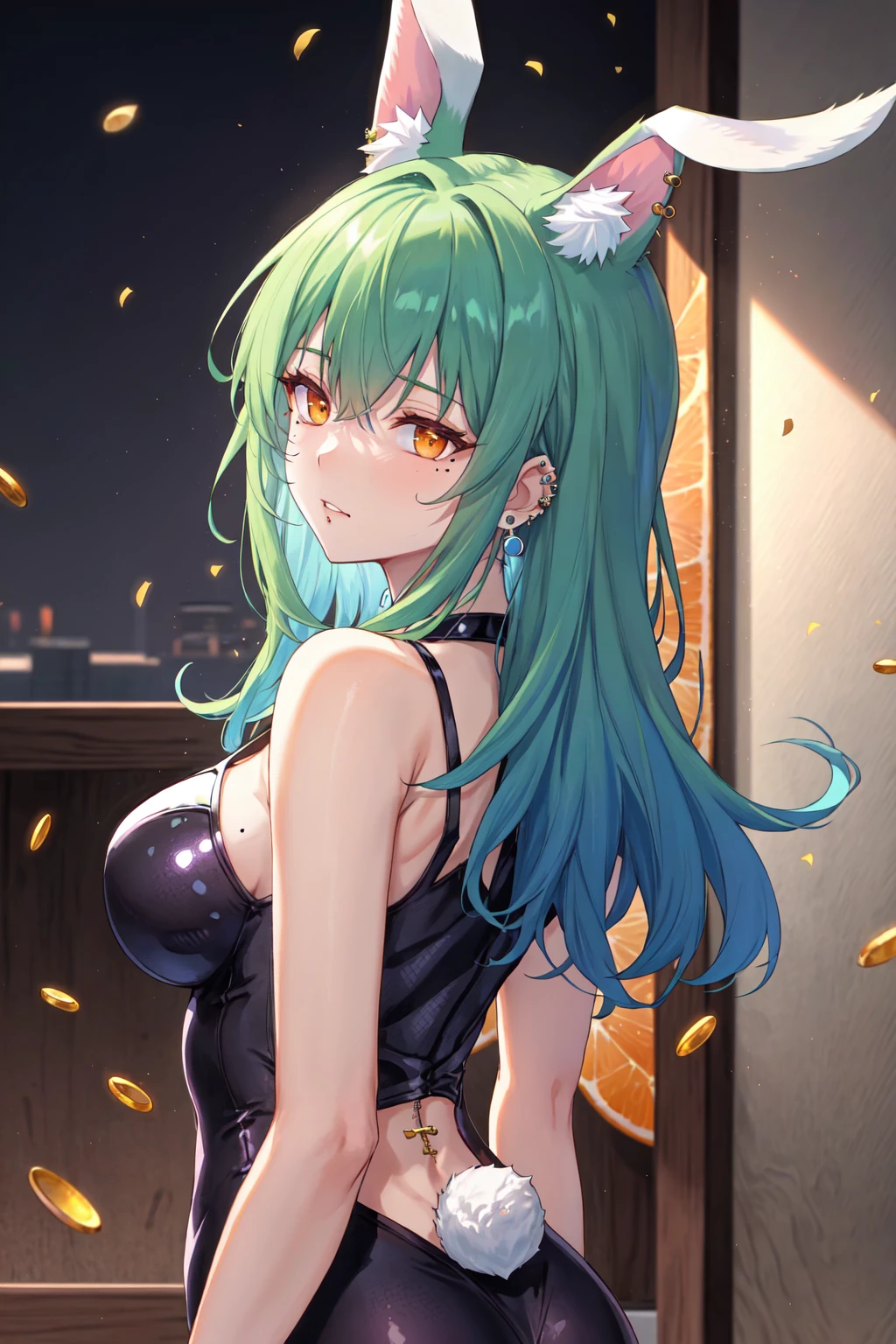 1girl, animal ear fluff, animal ears, ass, bare arms, bare shoulders, blue hair, closed mouth, collarbone, earrings, rainbow hair, green hair, large breasts, looking at viewer, looking back, medium breasts, mole, mole under eye, mole under mouth, navel piercing, orange eyes, parted lips, piercing, purple hair, rabbit ears, see-through, shirt, solo, toss a coin to your rabbit, upper body, white hair