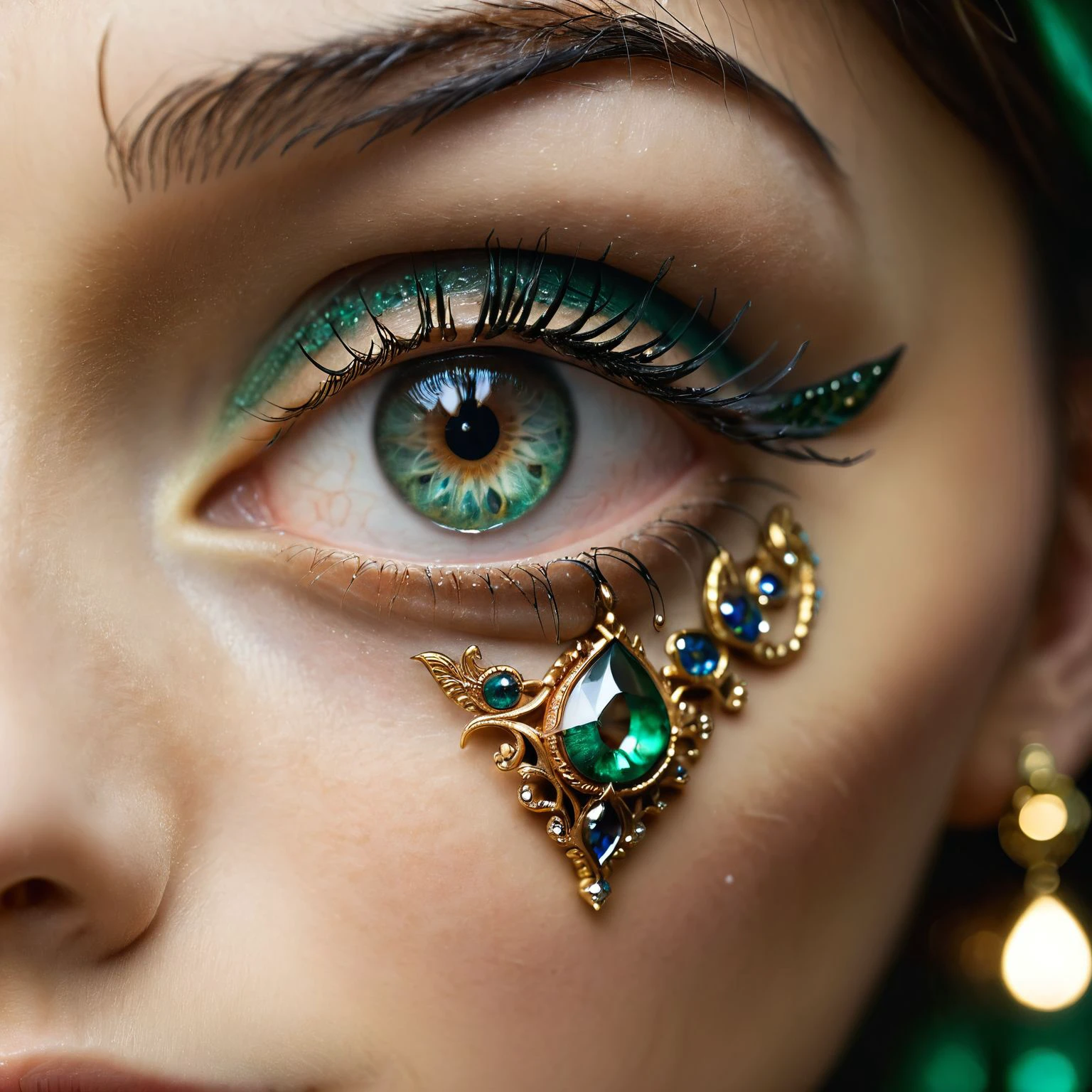 (close-up:1.4), dark green eye of a woman with intricate iris reflection, highly detailed iris, absurdres details, tear drop, intricate golden jewelery ornementations, bokeh, shallow depth of field