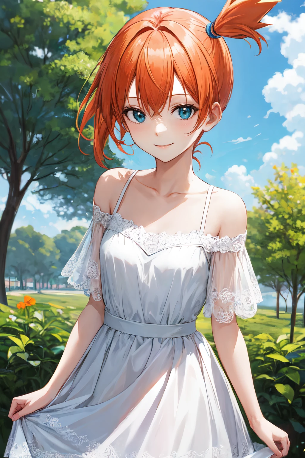 misty pokemon, orange hair,  1girl, small breasts, solo, looking at viewer, short hair,outdoors ,smile,Elegant off-the-shoulder A-line dress with delicate lace details <lora:misty_pokemon:1>