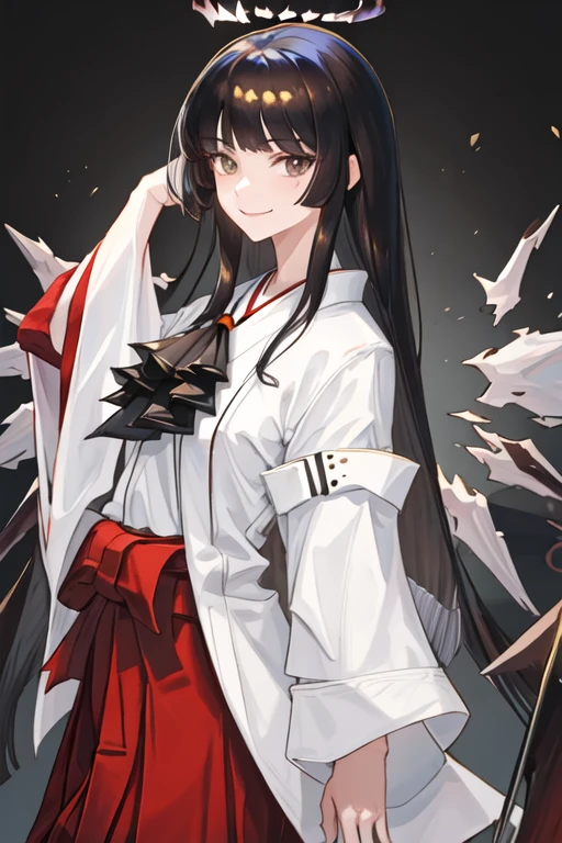 best quality, masterpiece, highres, solo, {white kimono:1.35}, {red hakama:1.35}, {wide sleeves:1.20}, {virtuosa_arknights:1.15}, long_hair, bangs, black_hair, halo, smile, closed_mouth, ascot, very_long_hair, wings, black_eyes, blunt_bangs