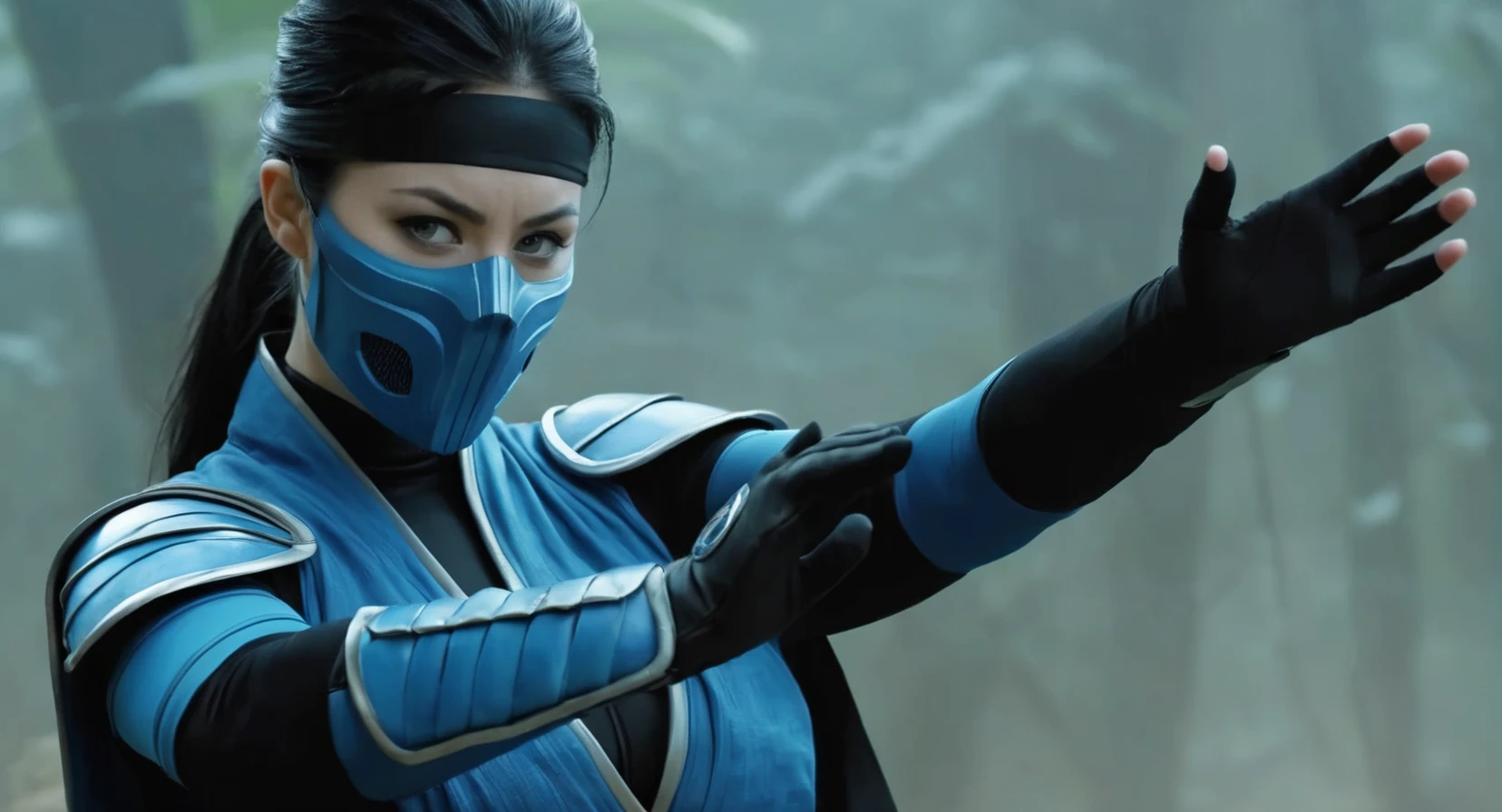 concept art of (Cinematic Film stock footage style) in (arri alexa style) (Kodak film print style),
<lora:Mortal Kombat-000003:1>
Sub-Zero A pale skin warrior from the Lin Kuei clan a woman with a blue mask and black gloves Mortal Kombat Style, digital artwork, illustrative, painterly, matte painting, highly detailed