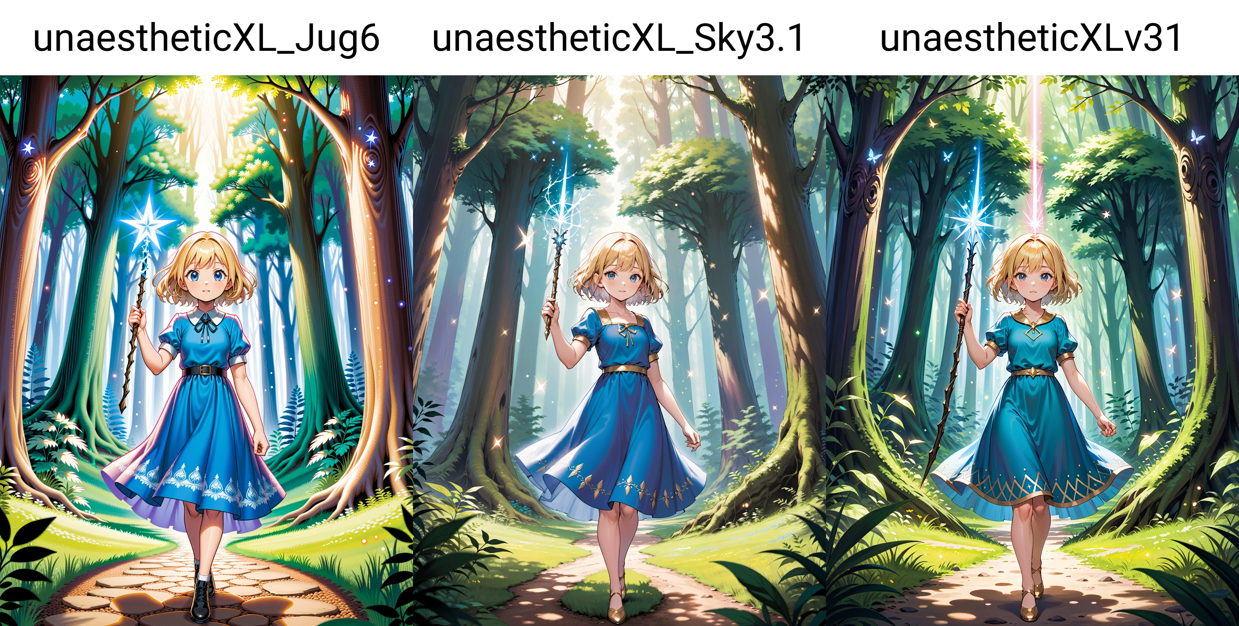 A girl with short blonde hair and a blue dress is standing in a mystical forest. The background is dense with towering trees and lush foliage, creating a canopy of green above her. The girl is holding a magical wand that is sparkling with glitter, and she seems to be in the middle of casting a spell. Around her, small, ethereal lights are floating in the air, adding a touch of magic to the scene.