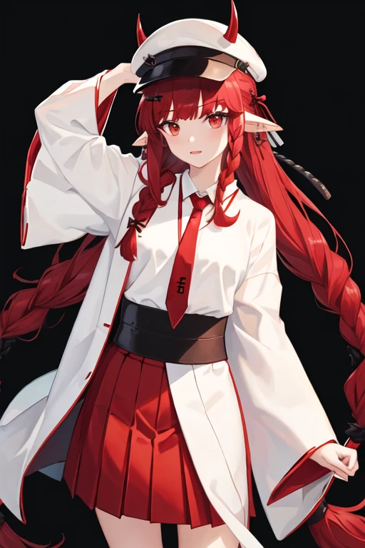 best quality, masterpiece, highres, solo, {white kimono:1.35}, {red hakama:1.35}, {wide sleeves:1.20}, {vigna_arknights:1.15}, horns, long_hair, red_hair, pointy_ears, red_eyes, hat, bangs, necktie, black_headwear, red_necktie, horns_through_headwear, hair_ornament, very_long_hair, braid, demon_horns