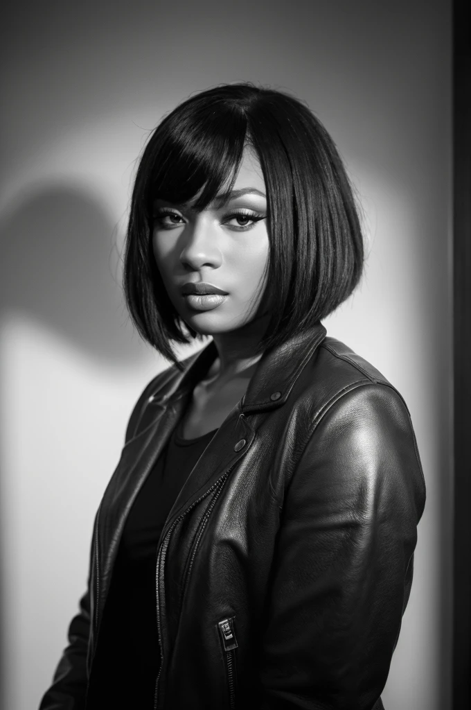 realistic B&W portrait photography of meganv1, bob cut hair, in a leather jacket, (skin texture), studio lighting, ray tracing, masterpiece, portraiture, intricate