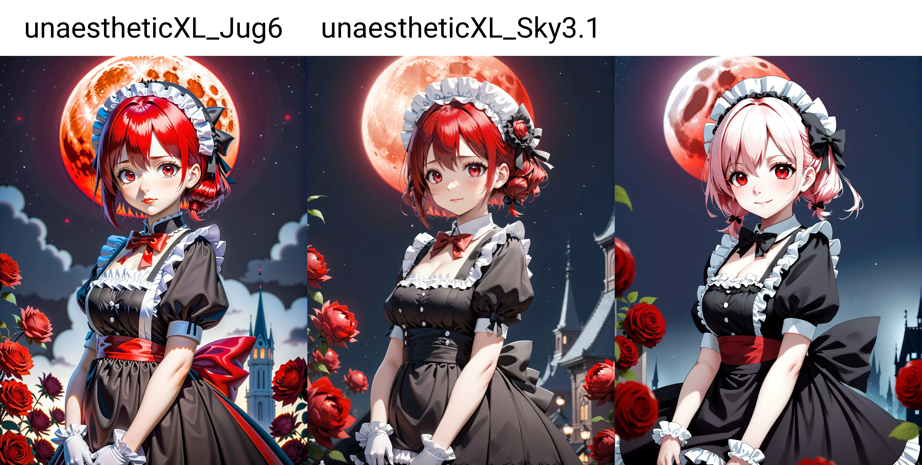 anime, gothic, maid, smirking, looking down, from below, bloom, Bokeh, red moon