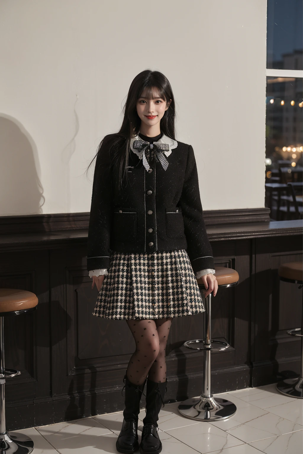 best quality, masterpiece, photorealistic, 1girl, solo, standing, long black hair, straight hair, blunt bangs, looking at viewer, smile, full body, dating attire, jacket, skirt, pantyhose, knee boots, in cafe, cafe, shop, people, detailed background, night, <lora:dating_attire_style5_v1:0.7>