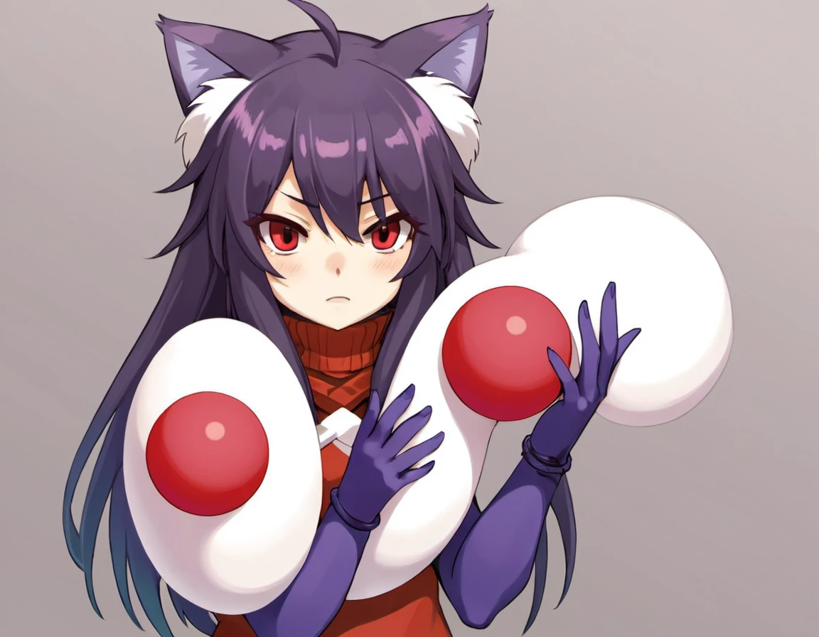 1girl, solo, ,purple hair,nintendo,long hair,kanno 0v0,holding poke ball,partially fingerless gloves,fur trim