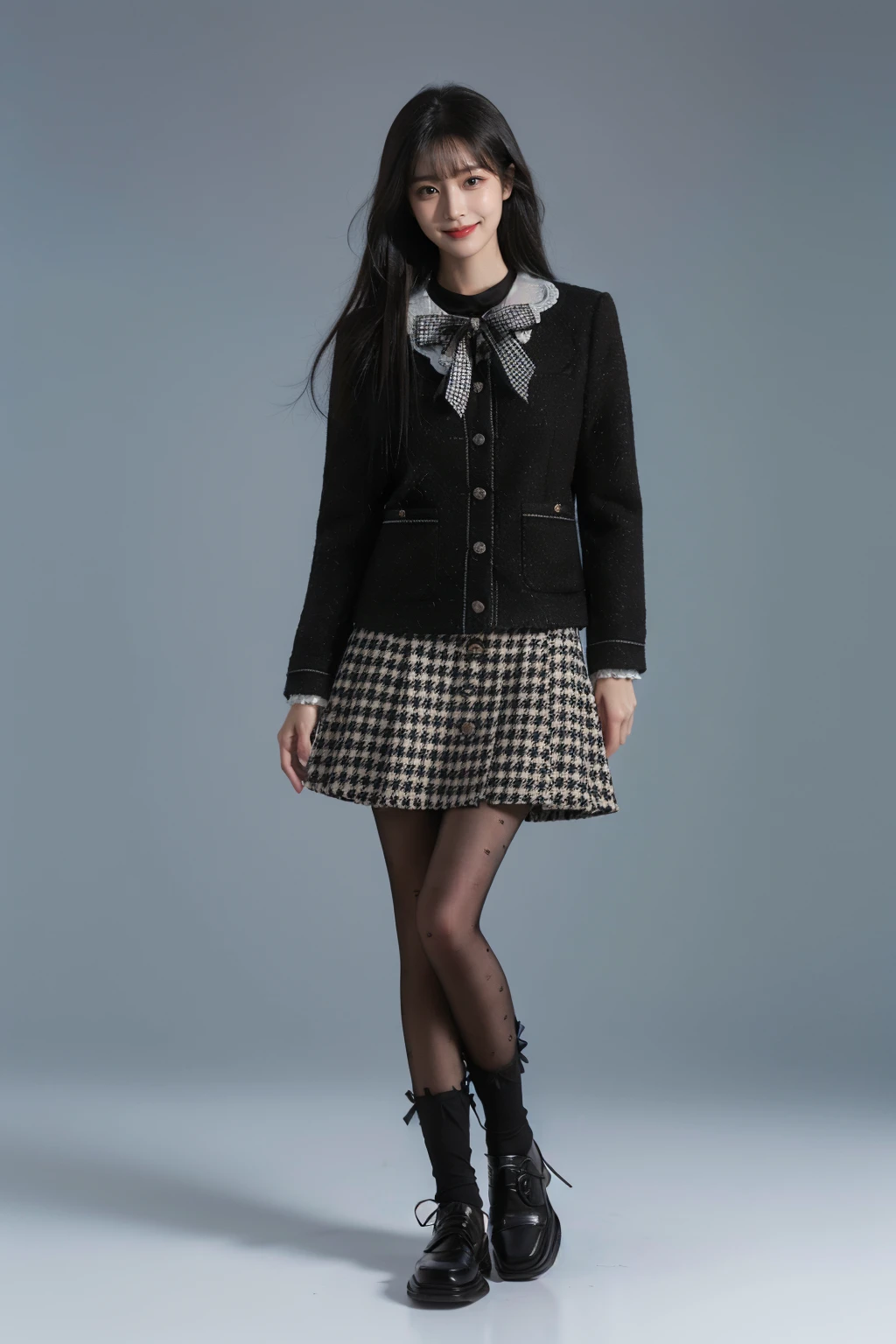 best quality, masterpiece, photorealistic, 1girl, solo, standing, long black hair, straight hair, blunt bangs, looking at viewer, smile, full body, dating attire, jacket, fashion, skirt, pantyhose, simple background, <lora:dating_attire_style5_v1:0.7>