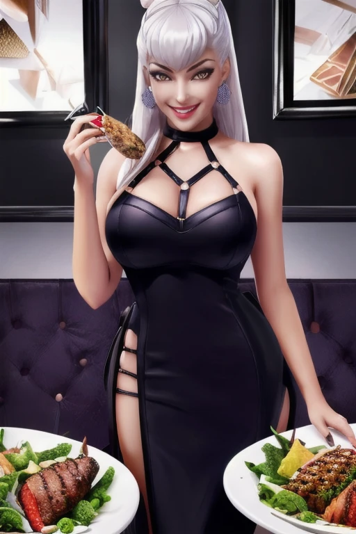 <lora:My_Evelynnthebaddestv1_LoRA:0.9> outfit, dress, woman, beautiful eyes, horny smile, smiling; full body:1.1, beautiful girl, high detail skin, high detail eyes, high detail hair, full body, (((eating at a restaurant)))