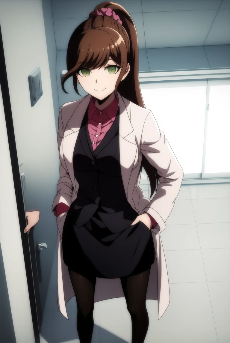 masterpiece, best quality,
brown hair, green eyes, long hair, ponytail, bangs ,scrunchie, shirt, labcoat, pantyhose,
looking at viewer,standing, YukizomeChisaZy, <lora:YukizomeChisaZy-000007:0.8>
1girl, solo, smiling,
