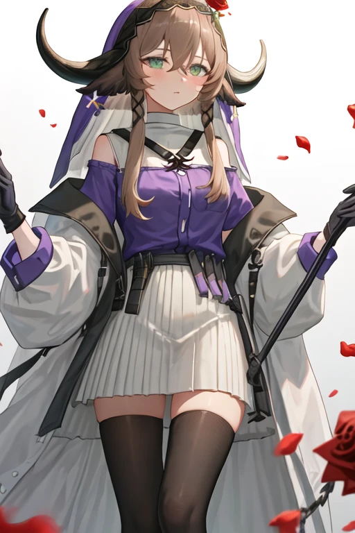 best quality, masterpiece, highres, solo, {pallas_arknights:1.15}, brown_hair, horns, flower, cow_horns, animal_ears, cow_ears, bangs, green_eyes, red_flower, cow_girl, hair_between_eyes, rose, red_rose, veil, upper_body, closed_mouth, short_hair_with_long_locks, petals, long_hair, 1girl, black_gloves, gloves, jacket, long_sleeves, open_clothes, purple_shirt, shirt, sidelocks, off_shoulder, weapon, white_jacket