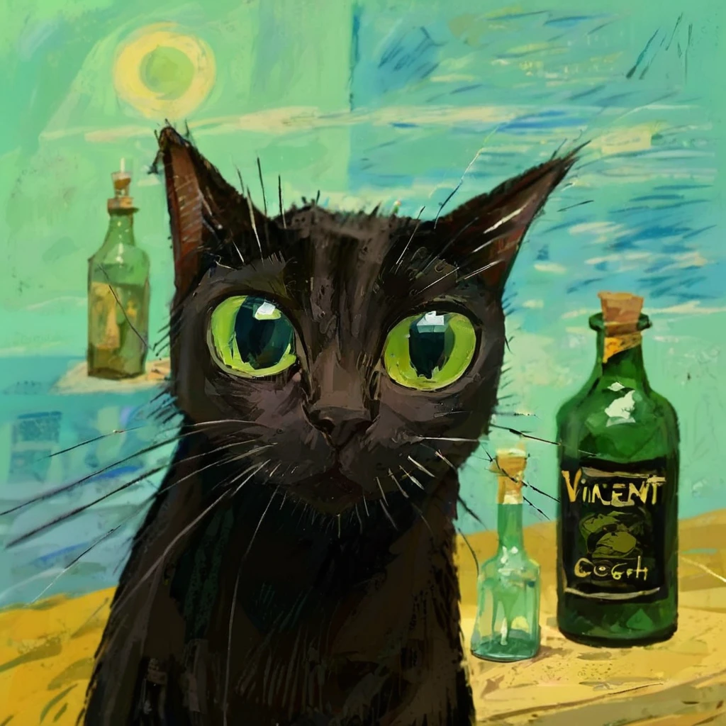 black cat with a absinth bottle, (Vincent van Gogh on the background:1.5), caricature, albeniz rodriguez style <lora:albeniz-rodriguez-style-v2:0.9>